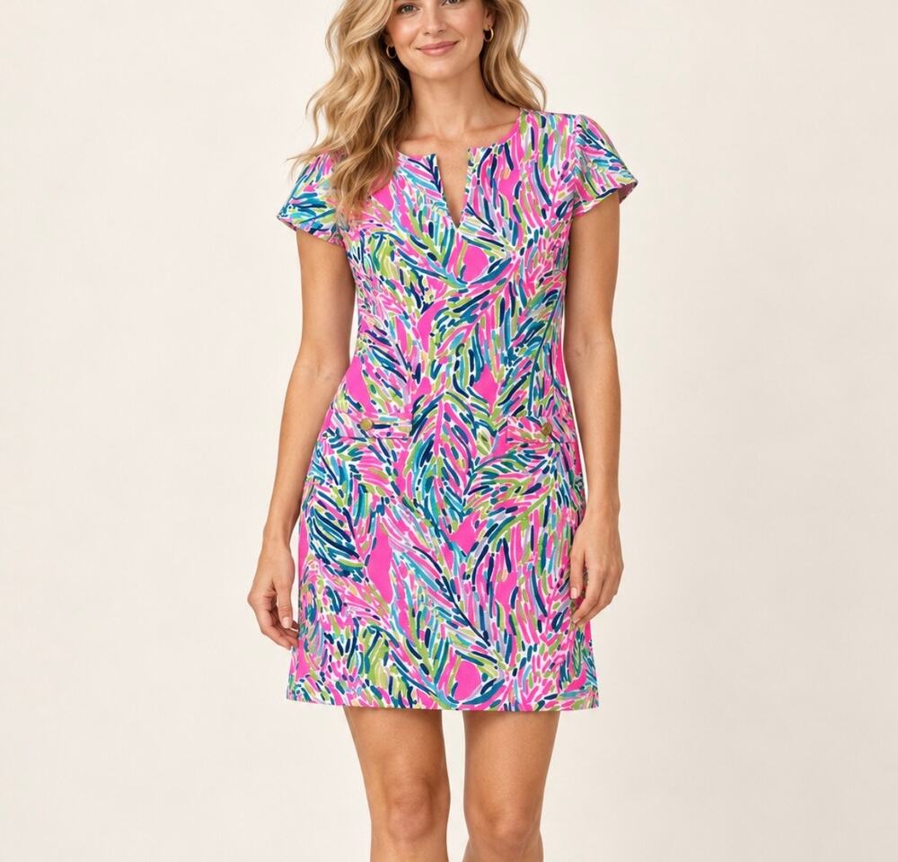 Lilly Pulitzer Layton Dress V-Neck In Multi Palm Reader Print Size Medium Pink